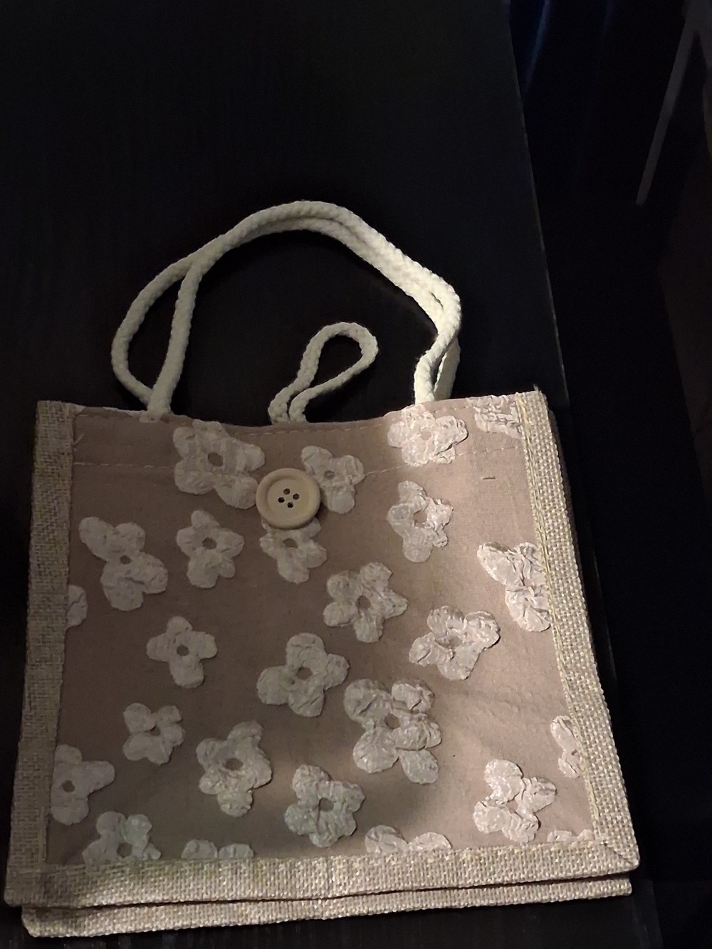 Small Beige Floral Rope-Handle Tote Bag